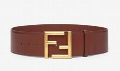       BELT Brown leather belt Wide belt with loop and FF stud buckl 6CM